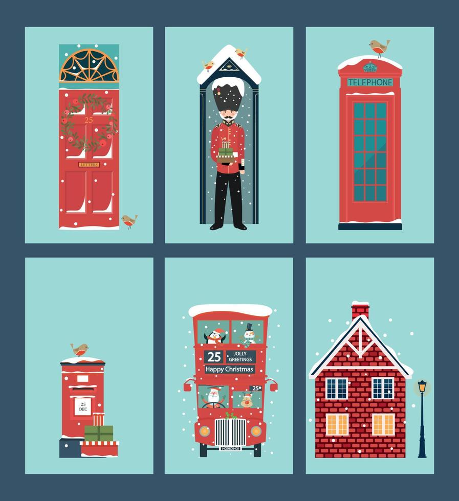 Conjunto de Navidad británica con puerta de teléfono de bus cabaña vector