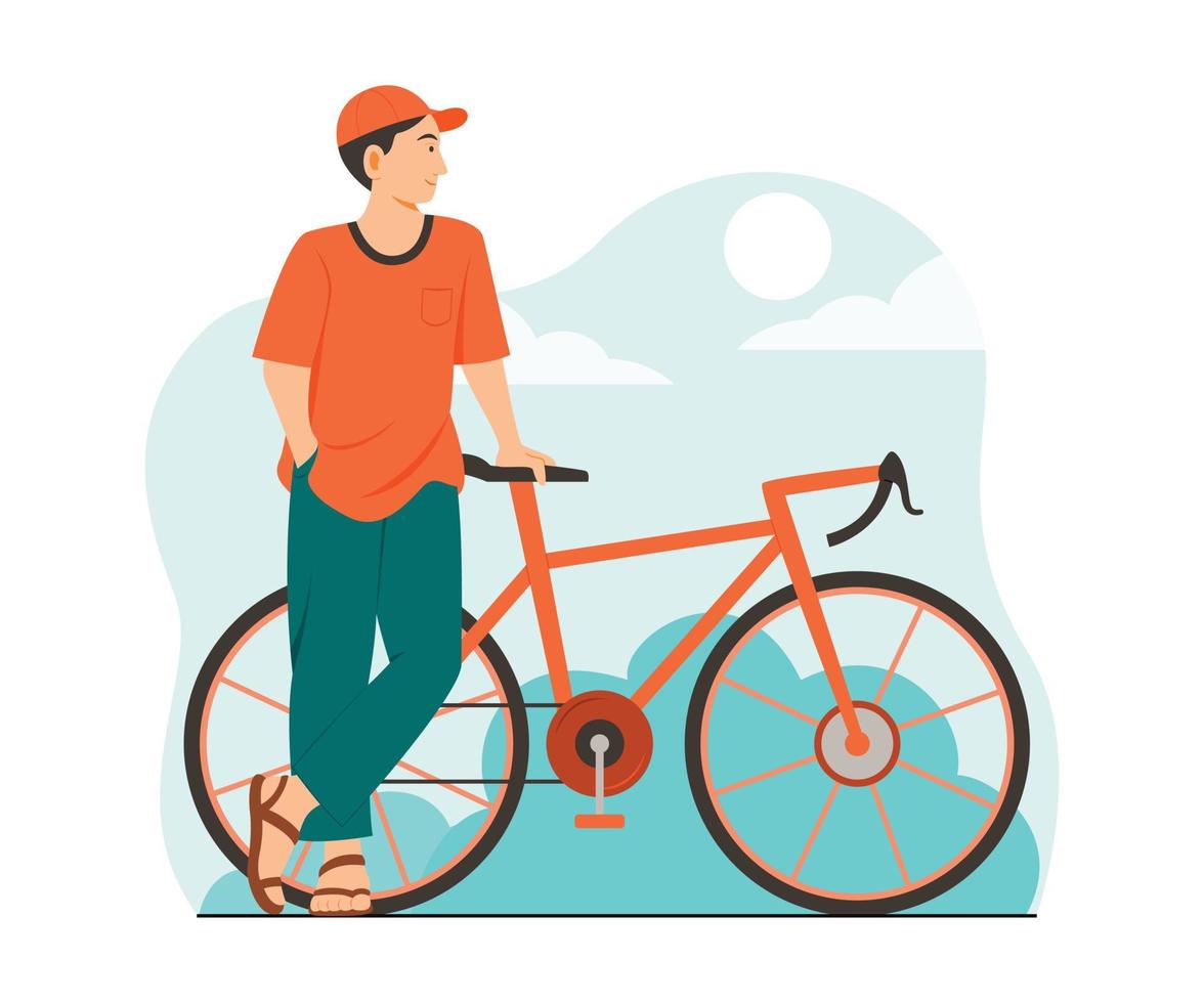 Man Enjoy Living in Outdoor with a Bicycle. vector