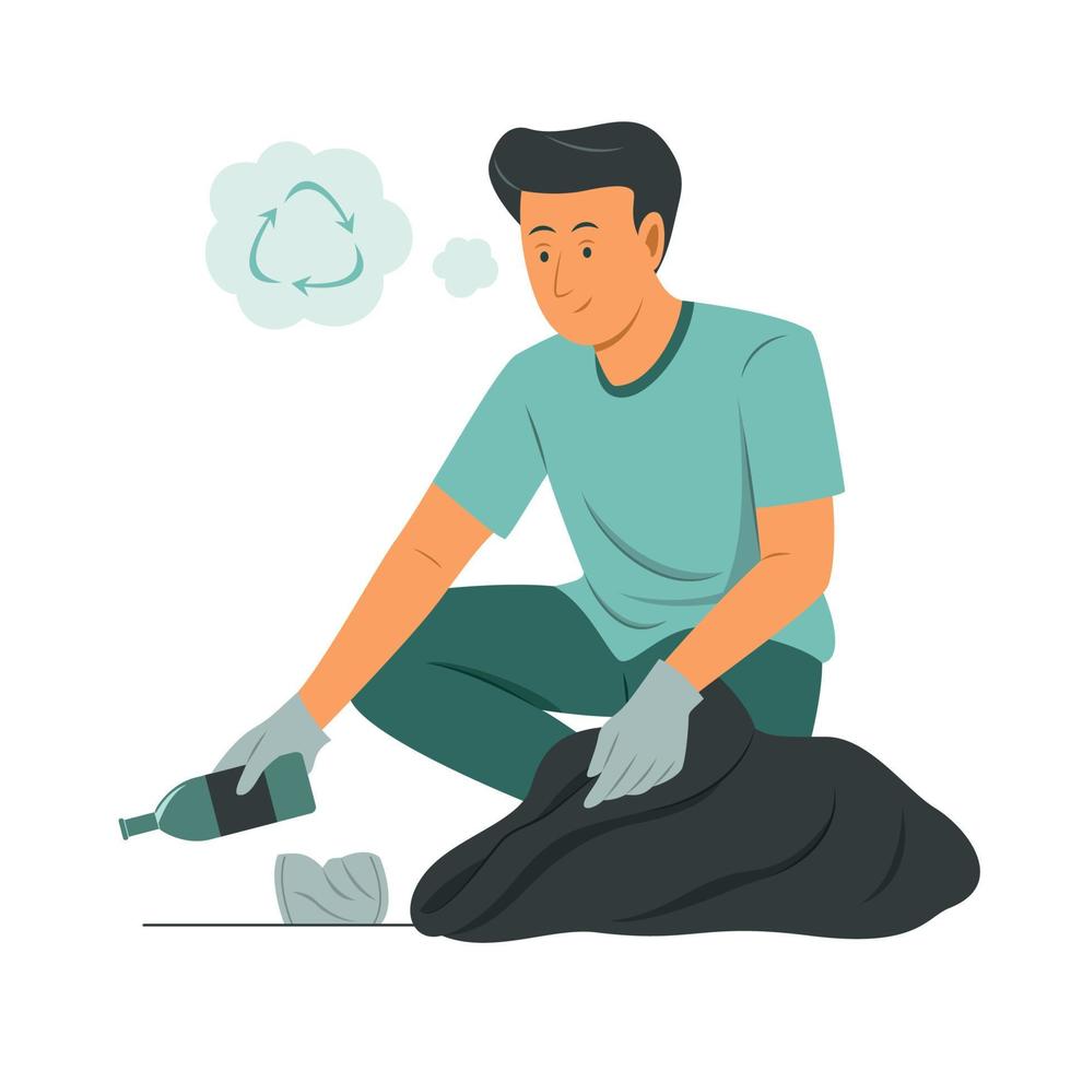 Man Picking Up the Bottle Waste to Recycle. vector
