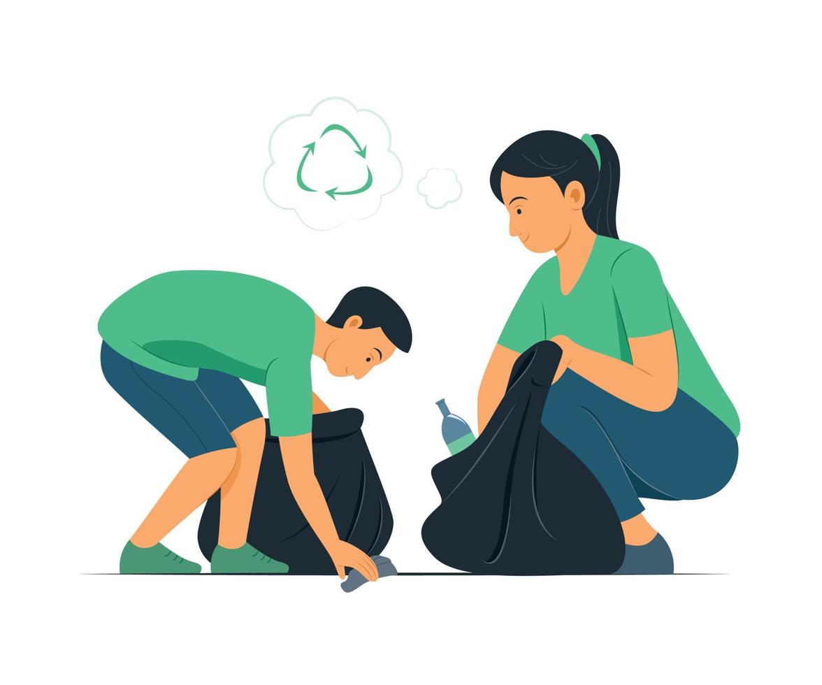 Woman and Boy Picking Up the Waste to Recycle. vector