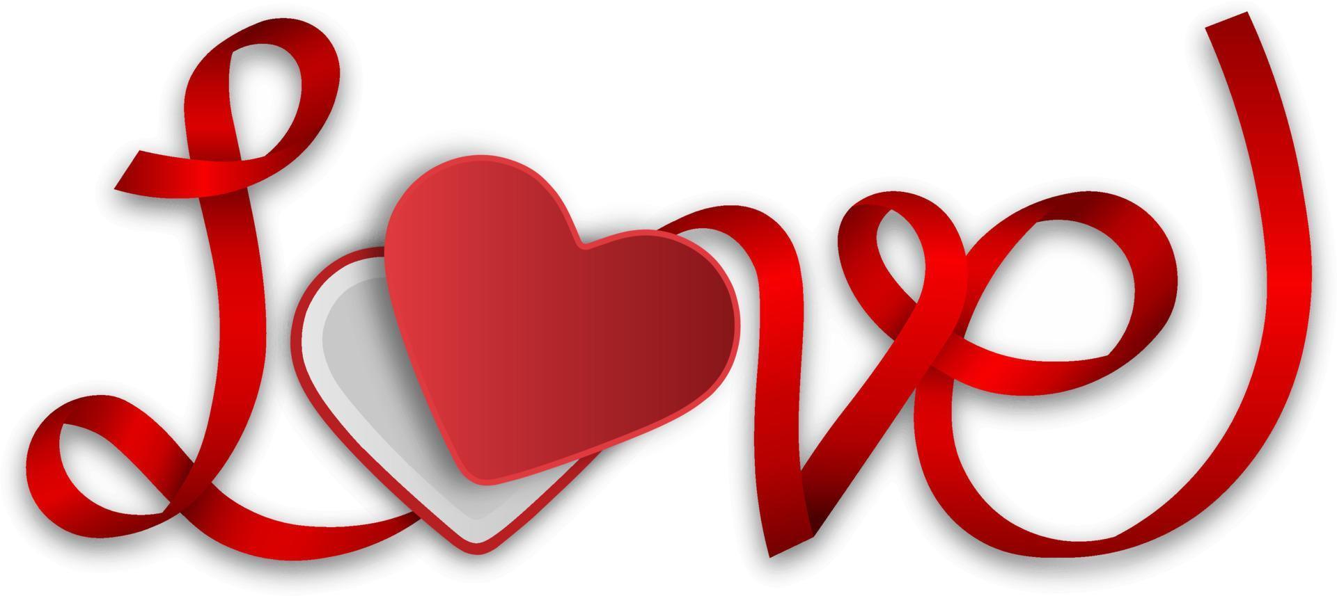 Heart shaped gift box with red ribbon that composes the word love vector