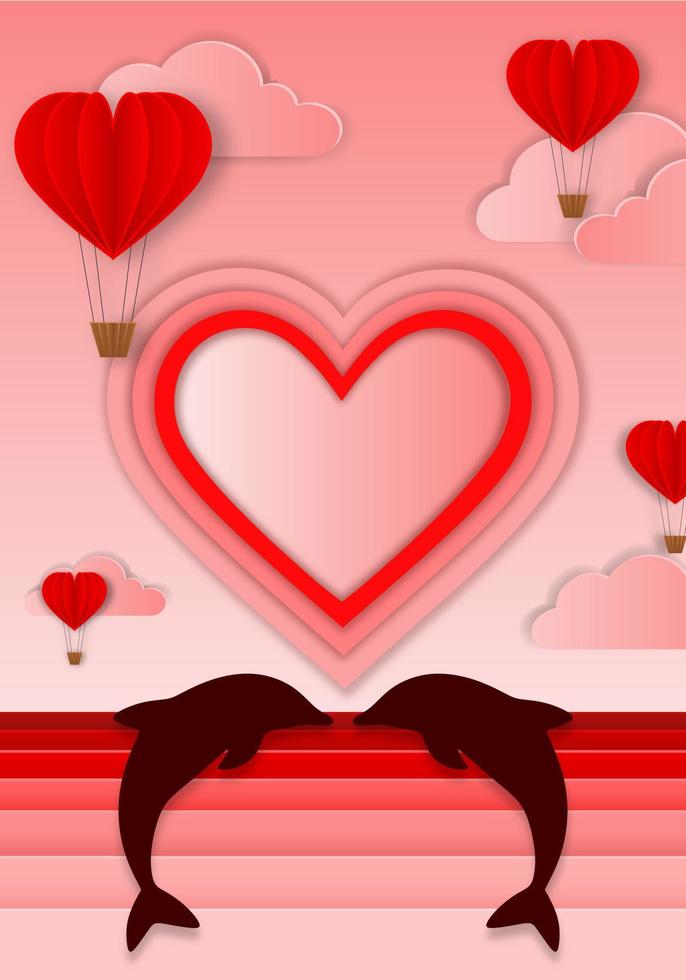 valentines day card with paper hot air balloons, clouds and dolphins vector