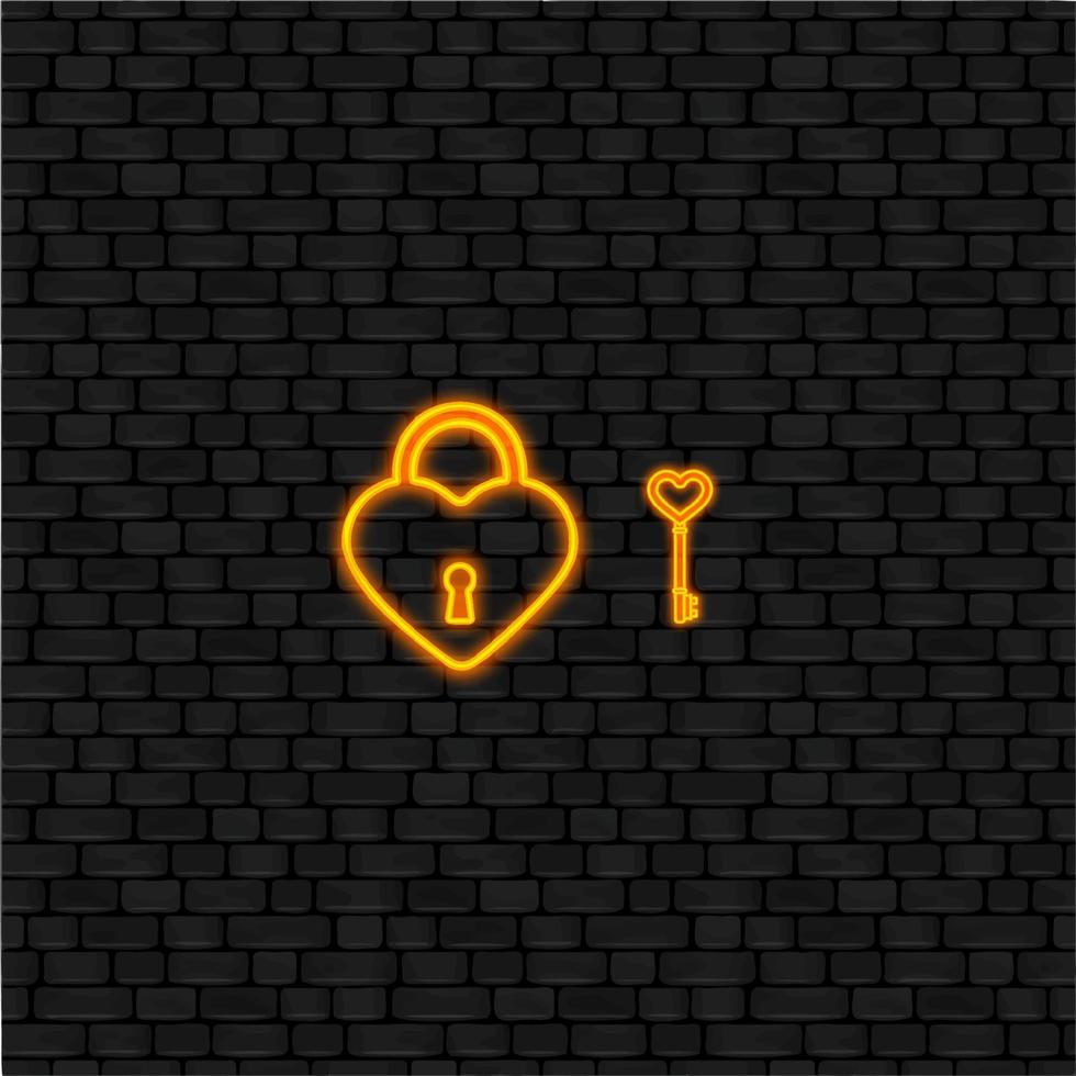 neon padlock with key on black wall background vector