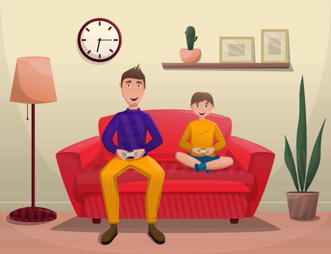 Happy son and father playing video games, sitting on sofa at home, man with gamepad, boy with gamepad, character playing video games, national video game day, vector image