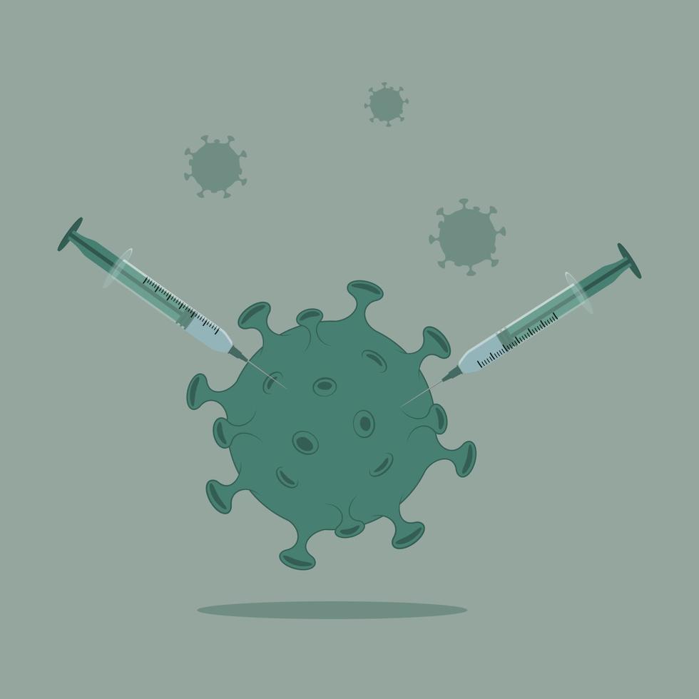 Syringe for injection of medical vaccine. treatment. stop the virus. Elimination of the virus by vaccine. A syringe of vaccine kills the virus. Vector illustration