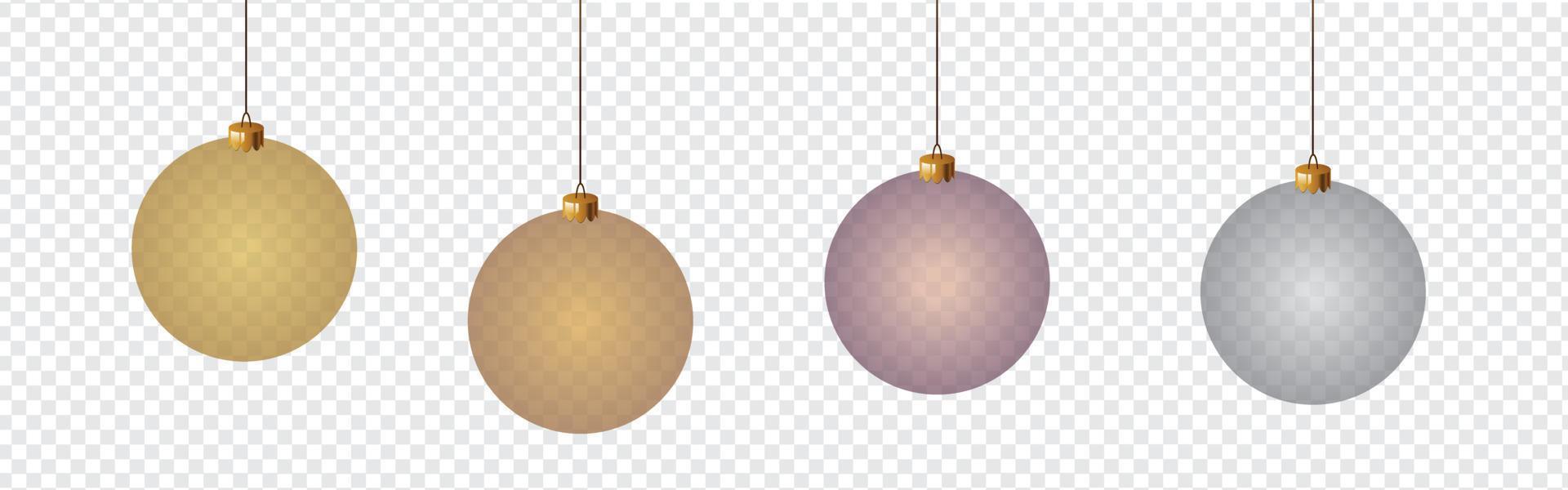 Christmas balls set. 3d luxury bauble design element. Xmas  decoration. Clear glass hang toy. New year gift. Glitter sphere. Festive present card. Vector illustration