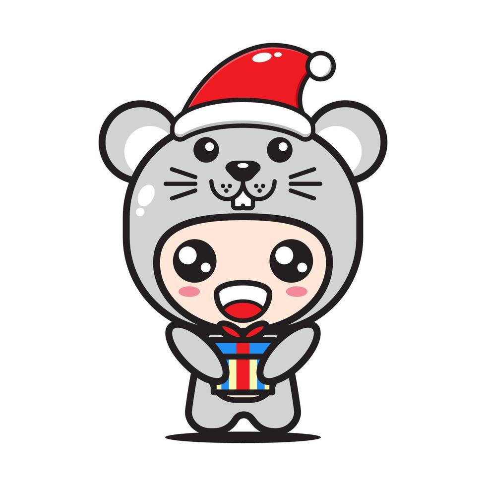 cute cartoon mouse with christmas gift vector