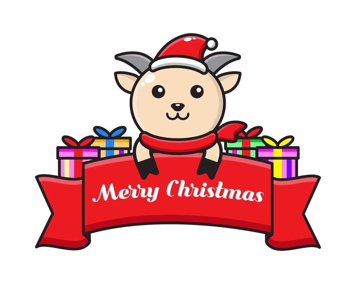 cute cartoon goat with christmas greeting ribbon vector