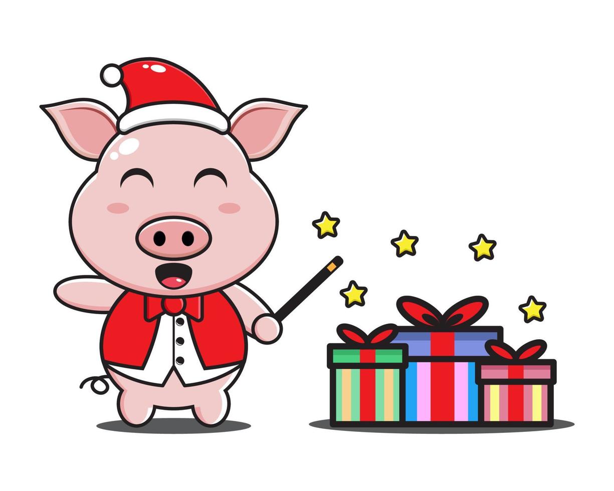 cute cartoon pig with christmas gift vector