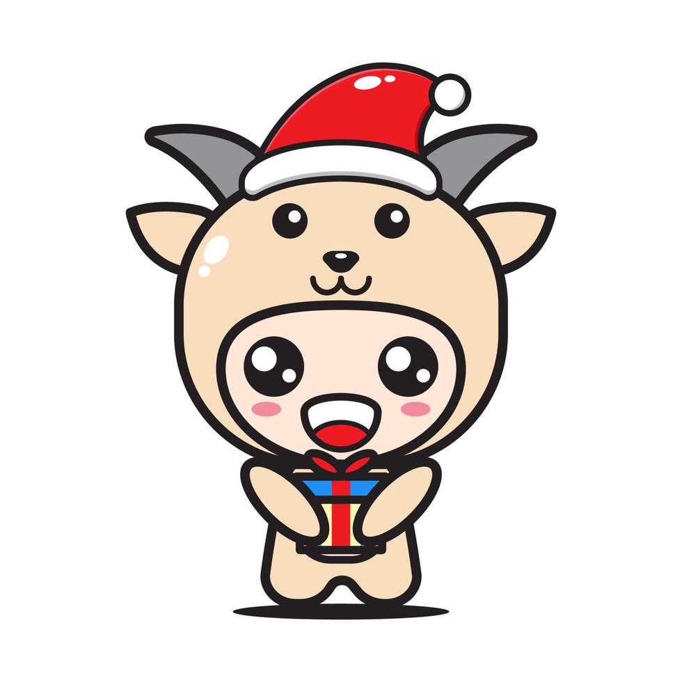 cute cartoon goat with christmas gift vector