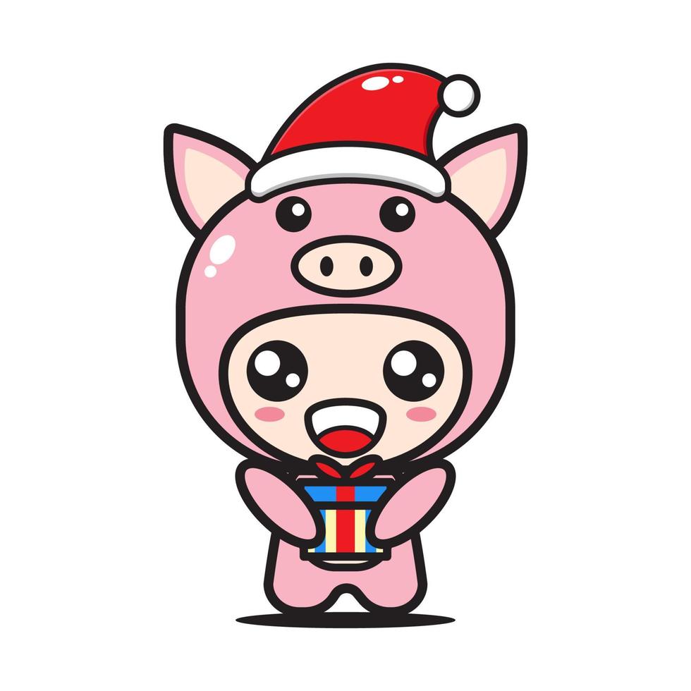 cute cartoon pig with christmas gift vector