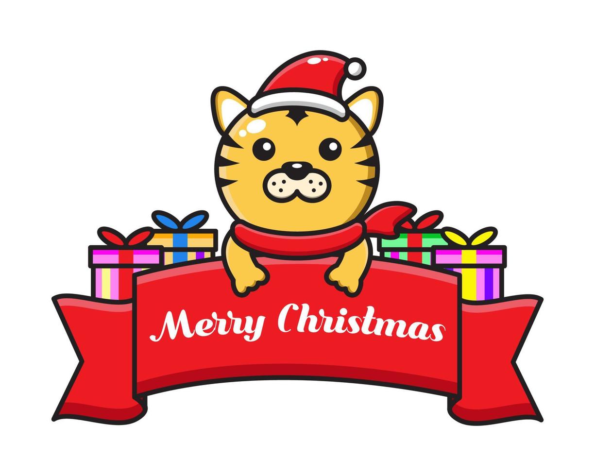 tigre de dibujos animados lindo con cinta de felicitación navideña vector