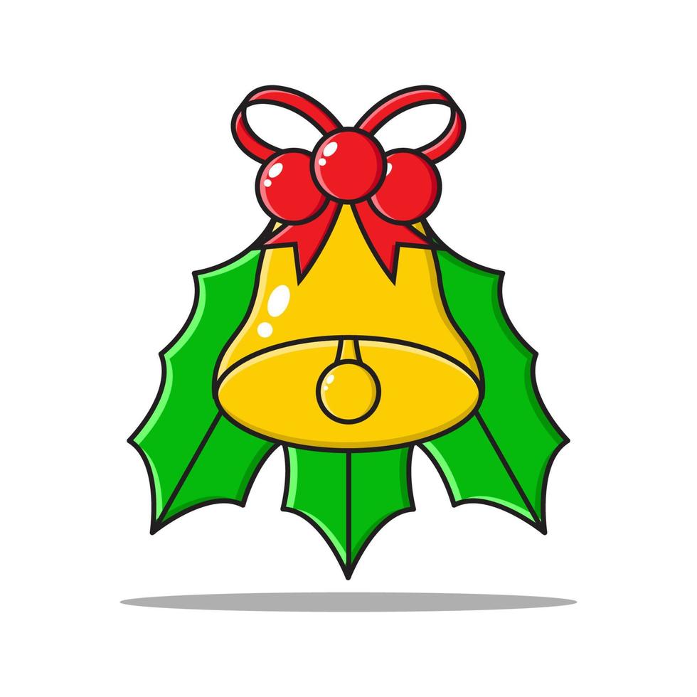 campana de navidad con vector de dibujos animados de diseño de elemento de hoja, cinta y baya