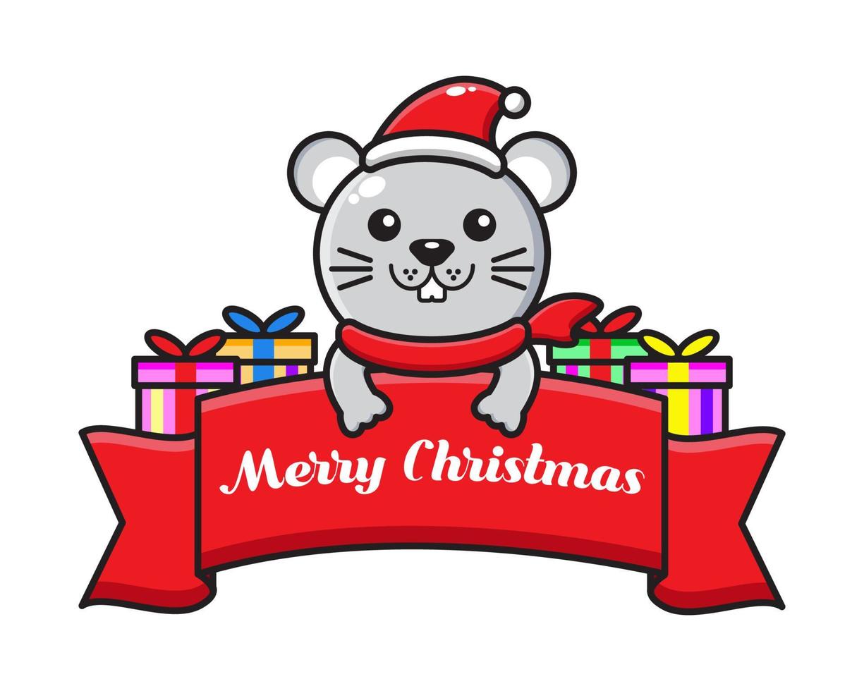lindo ratón de dibujos animados con cinta de felicitación navideña vector