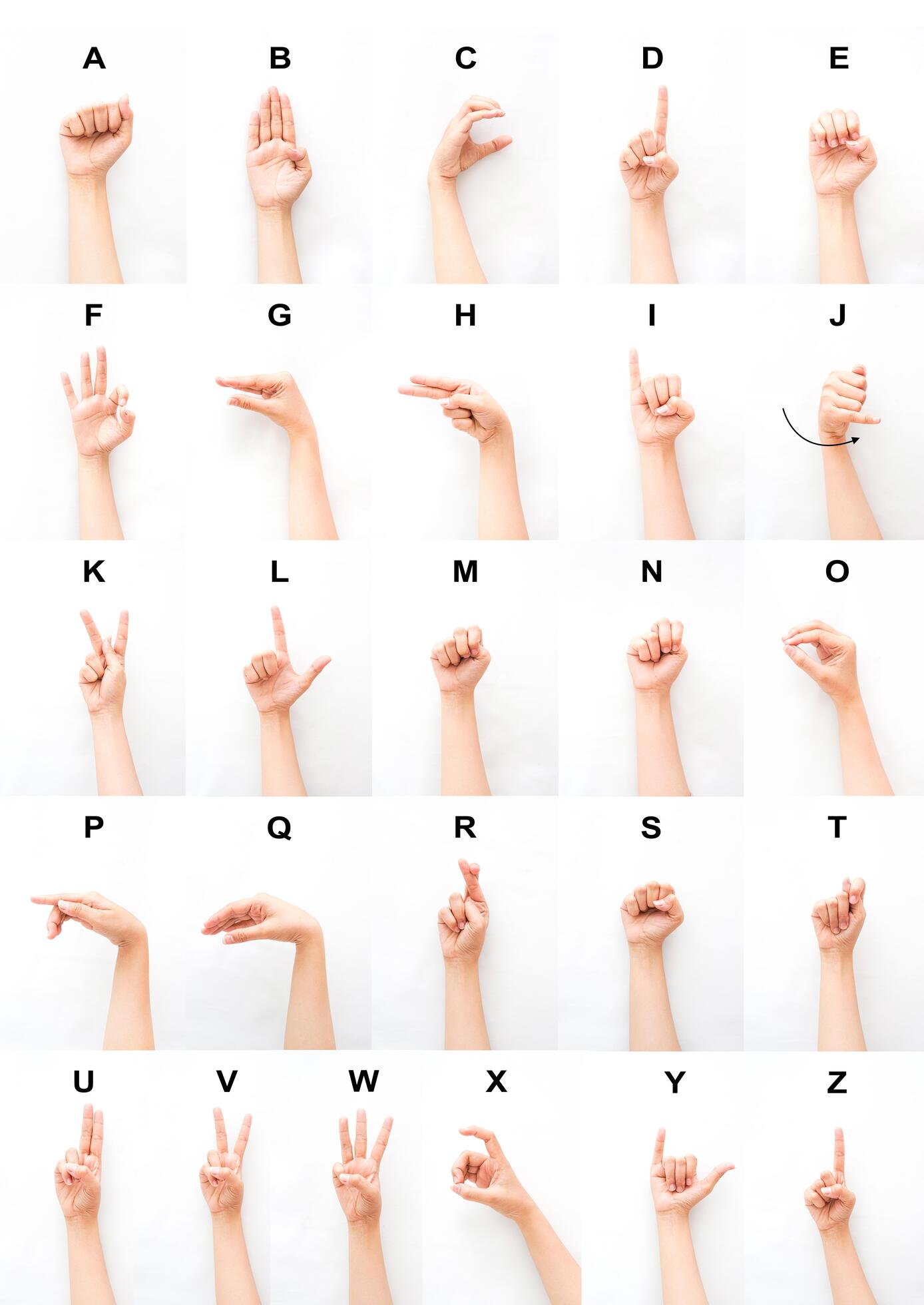 the fingerspelling of the alphabet in american sign language. learn how to communicate with the
