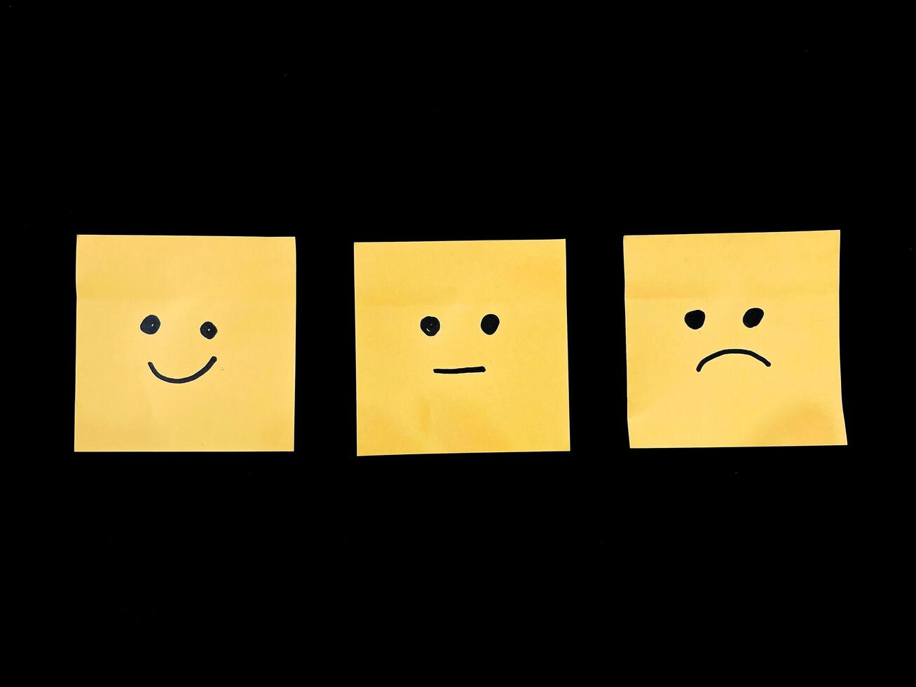 some kinds of expressions or emotions are drawn on yellow sticky notes glued on black background. smile, flat, and sad. photo