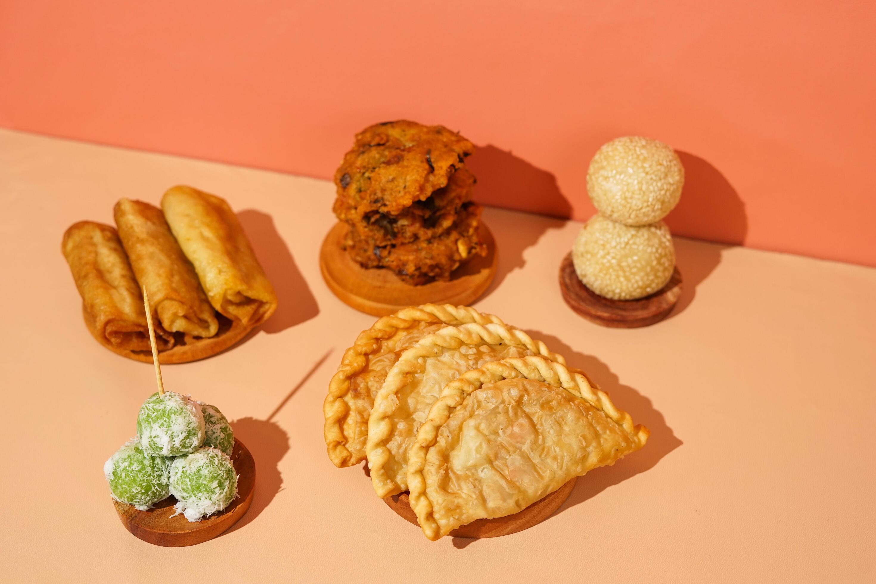 Indonesian street food presentation. various local foods served