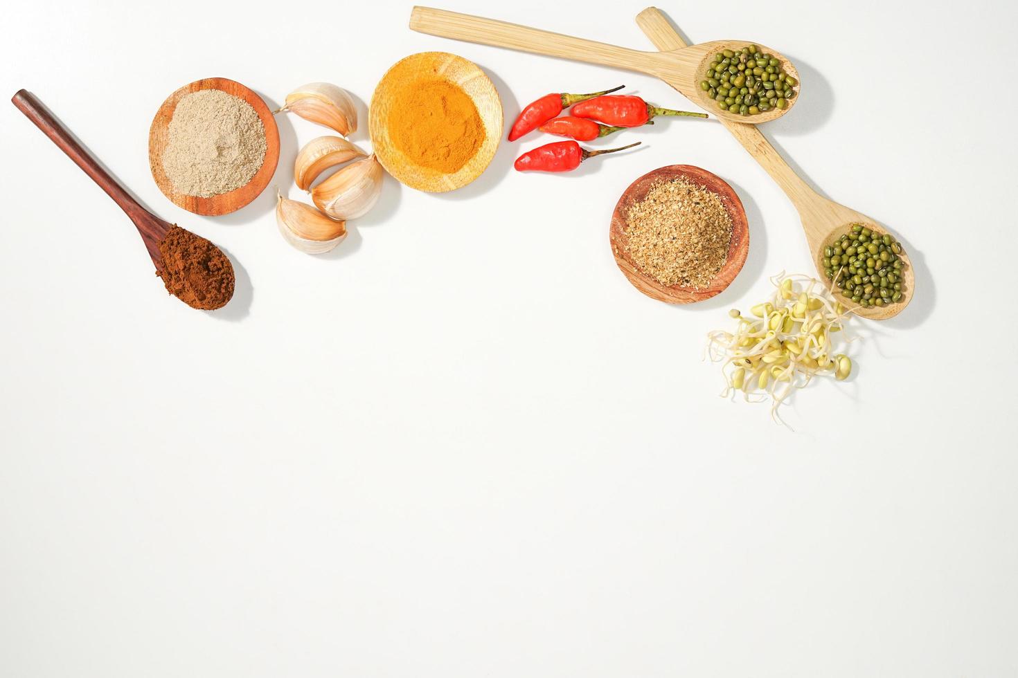 a copy space with culinary theme. a background decorated with the variety of spices and herbs on a white background. suitable for social media or website presentation. photo