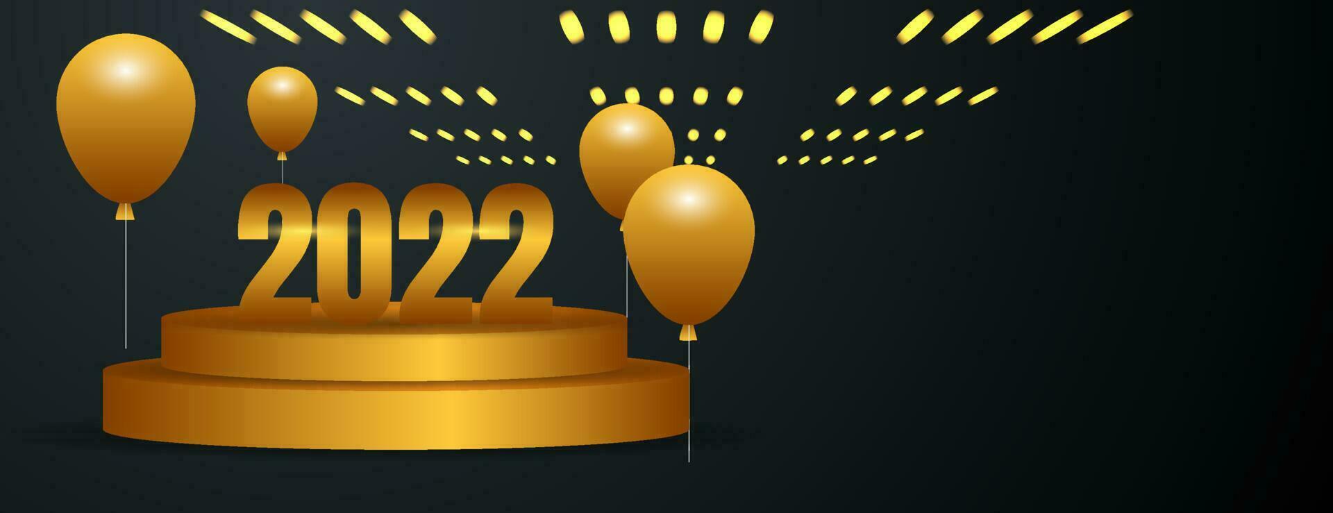 gold 2022 text on gold podium with gold balloons and light vector