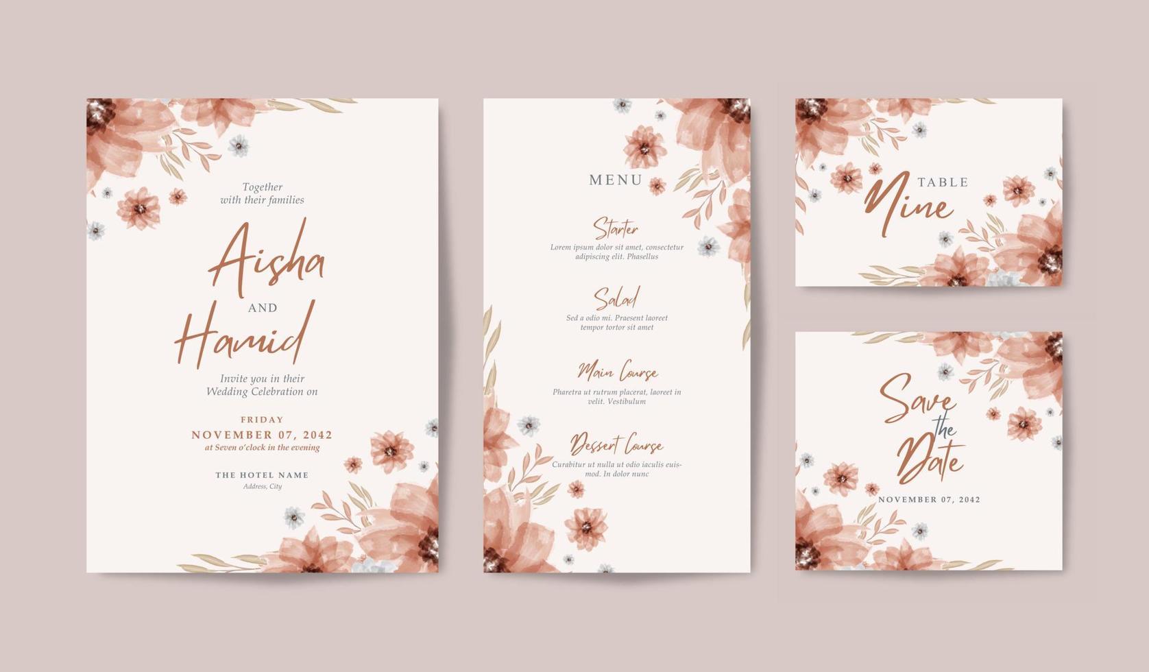 conjunto de invitación de boda con hermoso ramo floral acuarela vector