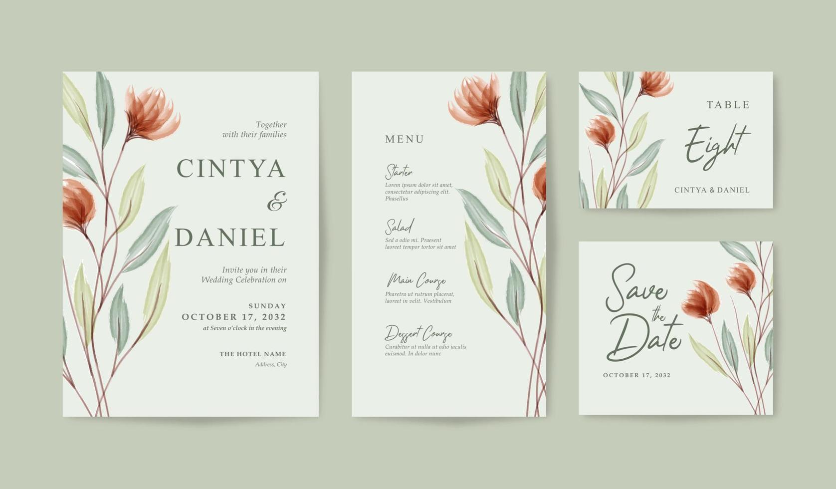 conjunto de colección de tarjetas de boda hermosa y minimalista con acuarela floral vector