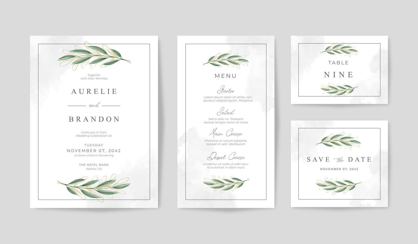 Set of wedding invitation with beautiful gold and green leaves watercolor vector