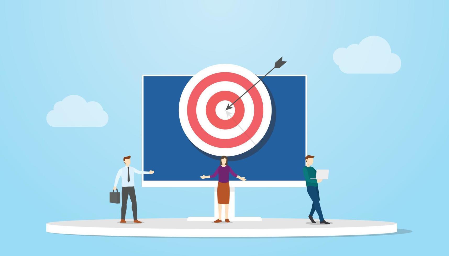 digital targeting or target concept with people and goals on monitor screen desktop with modern flat style vector