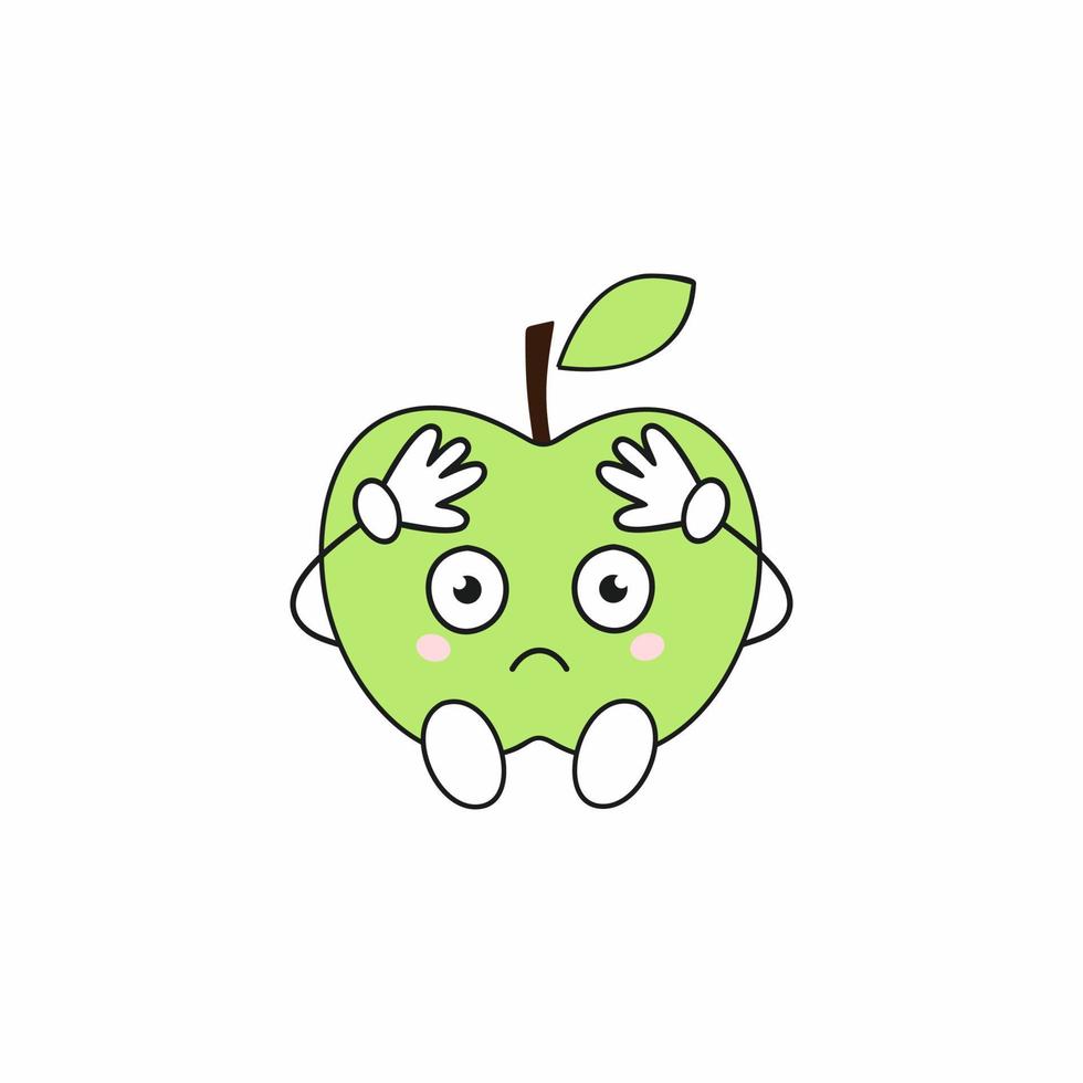 Sad Apple sits and holds his head. Funny children's cartoon character. Vector illustration for fruit cards.