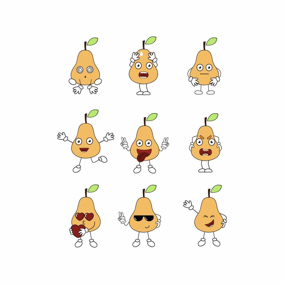 A set of fruits with emotions on their face. Funny pears emoticons. Fruit emojis and stickers. Vector cartoon character for children.