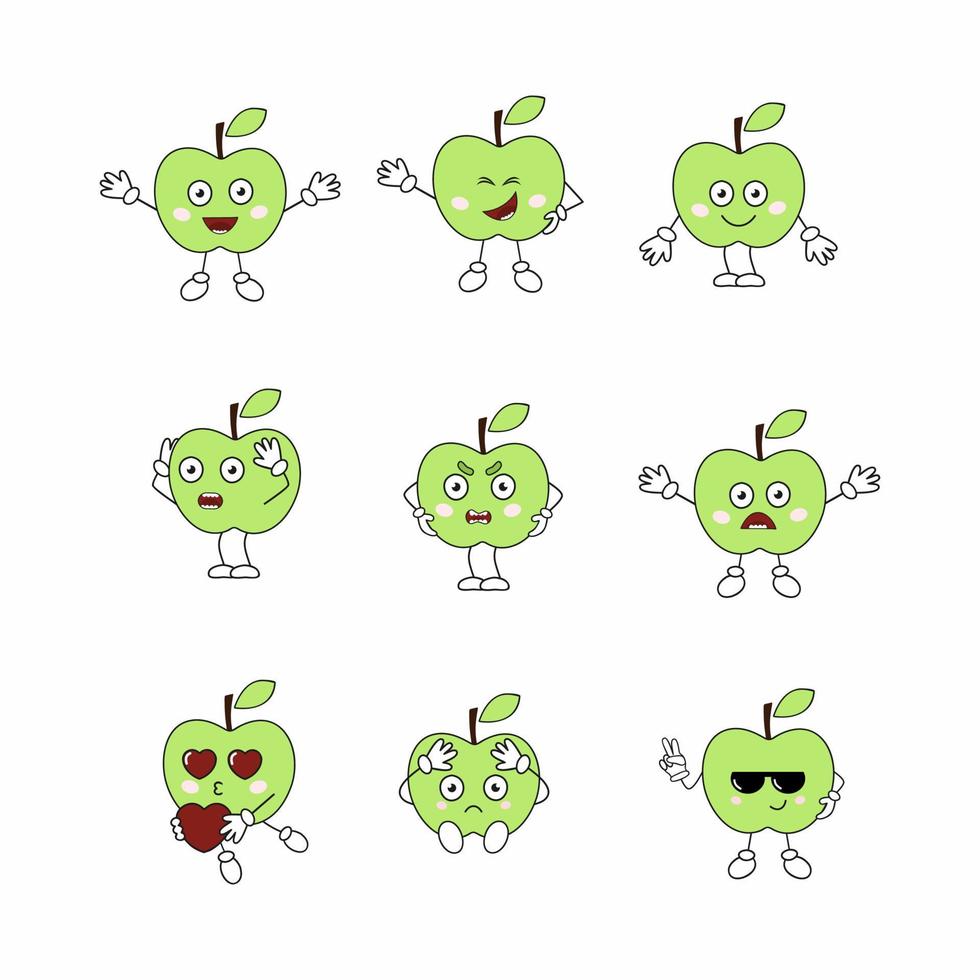 un conjunto de frutas con emociones en el rostro. divertidos emoticonos de manzanas. emoticonos y pegatinas con un patrón de manzana. personaje de dibujos animados de vector para niños.