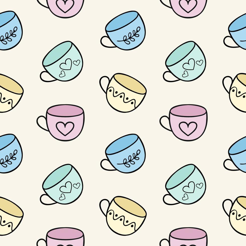 Endless seamless background with tea mugs. Template for the menu of a dining room, cafe or restaurant. Children's cartoon illustration of doodles with cups . Printing on fabric, clothing, and paper. vector