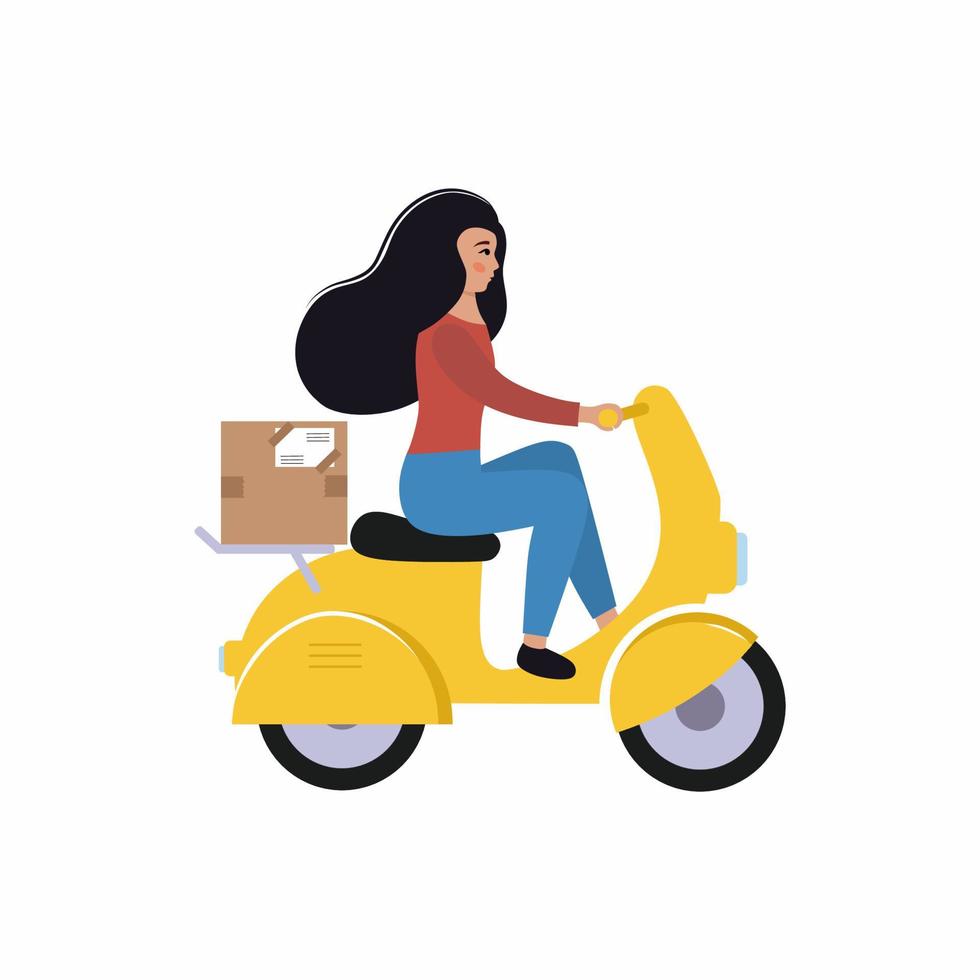 entrega urgente de pedidos de comida, envíos postales por la ciudad en scooter. una repartidora monta un ciclomotor con un paquete. personaje plano de vector femenino para servicio de entrega.