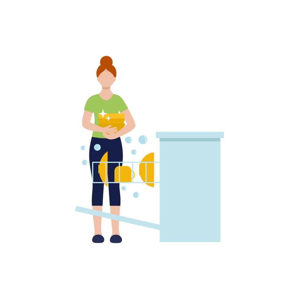 la mujer es ama de casa lavando platos en el lavavajillas. personaje plano de vector femenino.