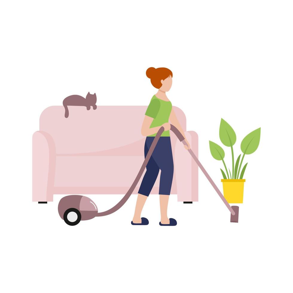 The girl cleans the room with a vacuum cleaner. Housewife does the cleaning in the room. Flat female character in flat style. Illustration on the theme of self-isolation during a pandemic Covid-19 vector