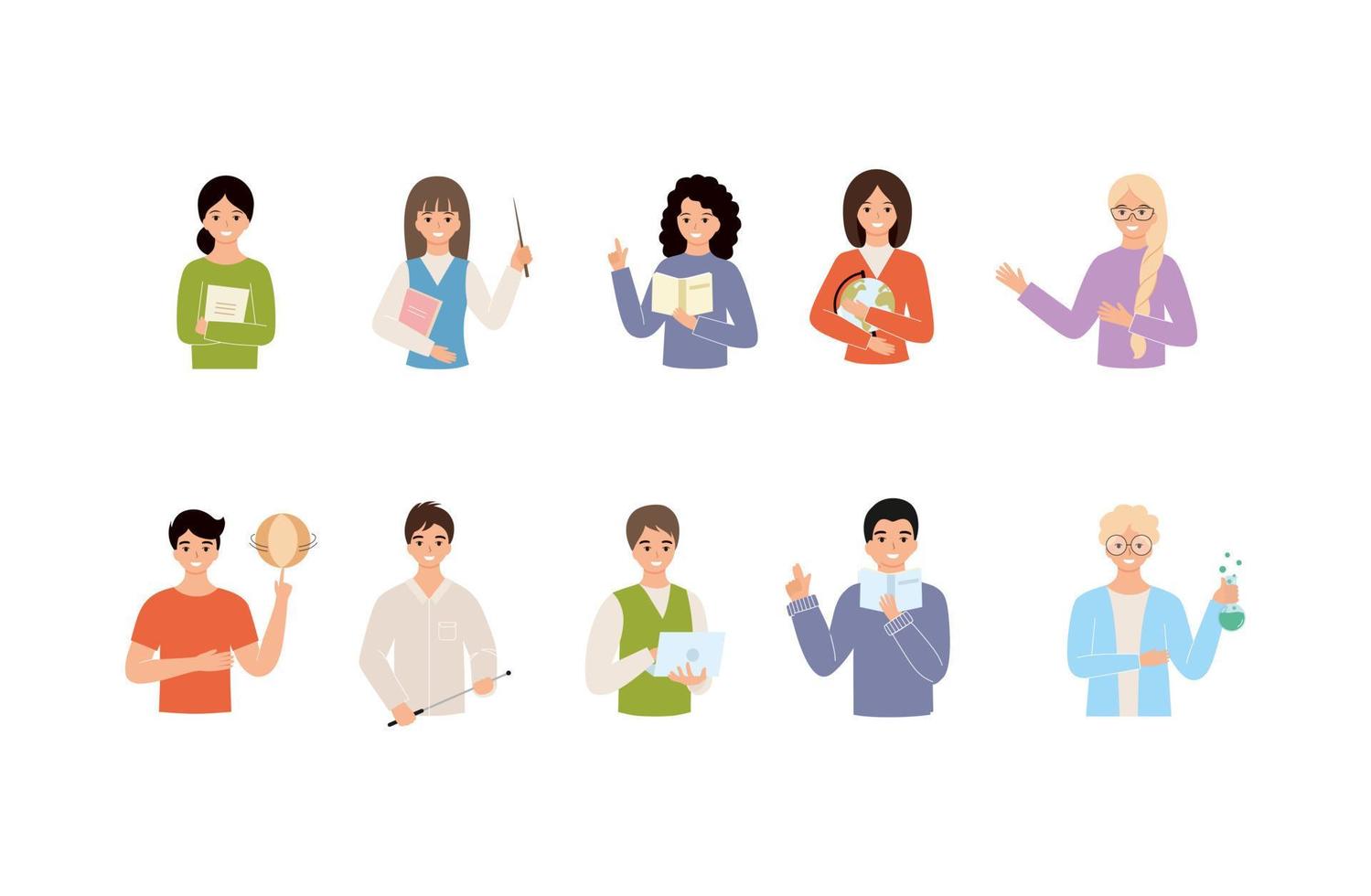 A large set of teachers in various subjects. Set of characters for teacher's day. Vector flat illustration on the theme of school and education.