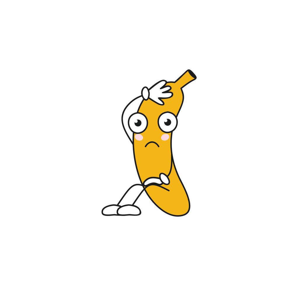 Tired banana sits on the floor and wipes the sweat from his forehead. Funny fruit emoticons. Fatigue, resentment, bewilderment. vector