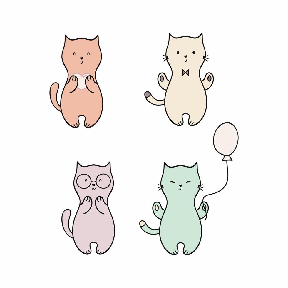 un conjunto de lindos gatitos doodle aislado en un fondo blanco. gato, gato y gatito. gato y gatito, ilustración vectorial de dibujos animados planos para bebés, niños. colección de gatitos para el diseño de la portada. vector