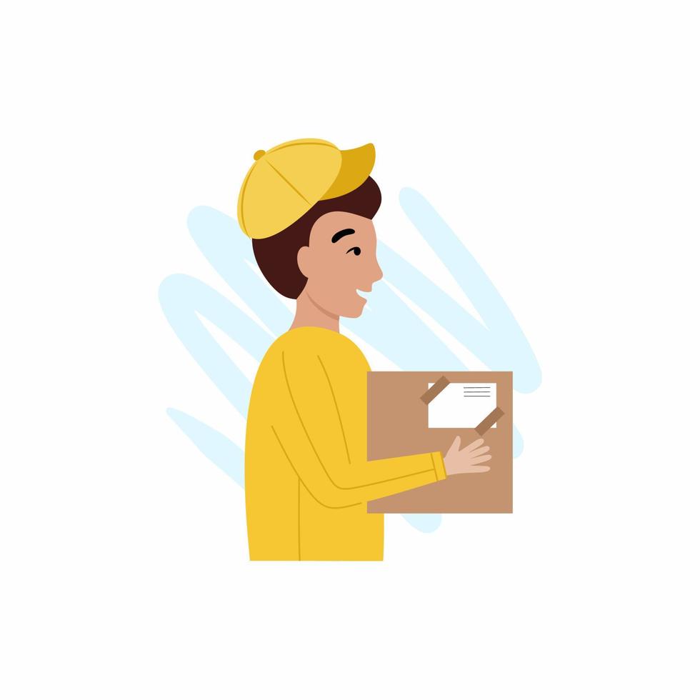 Courier with a parcel in his hands in a yellow work suit. Employee of the delivery and mail service. Express delivery of items. Vector flat character.