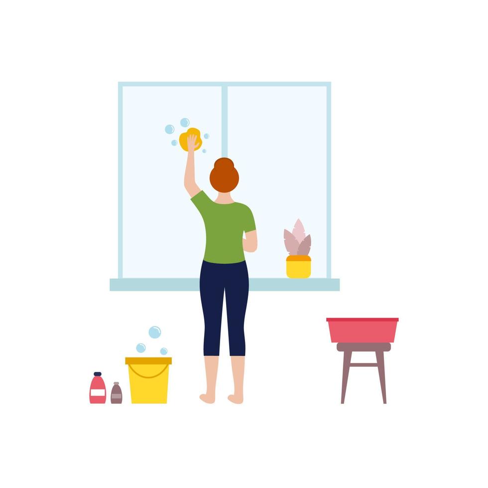 The girl washes the window. A woman is cleaning the window. Potted indoor flowers. The concept of homework vector