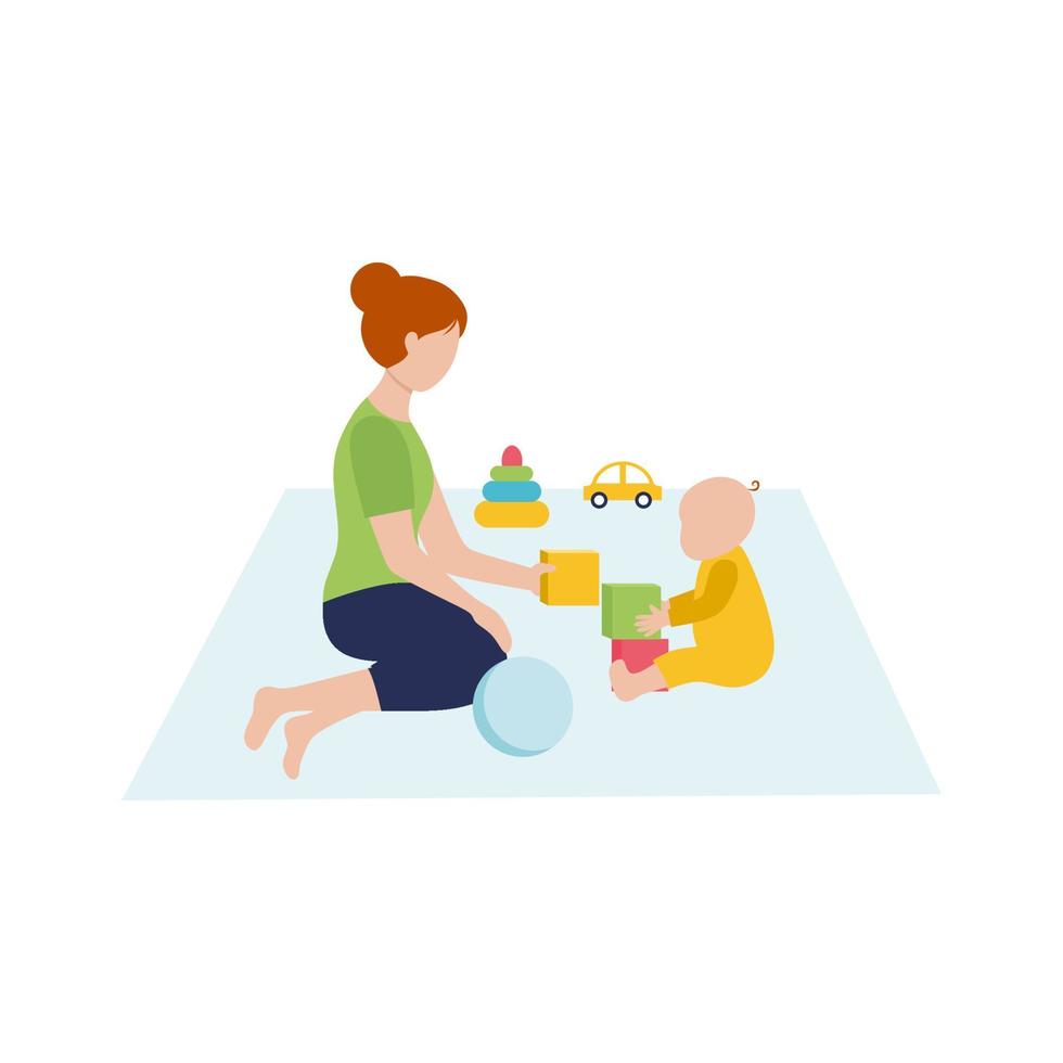 Mom sits on the floor and plays with the baby. Children's toys and games with the baby. Parenting. Vector flat character.