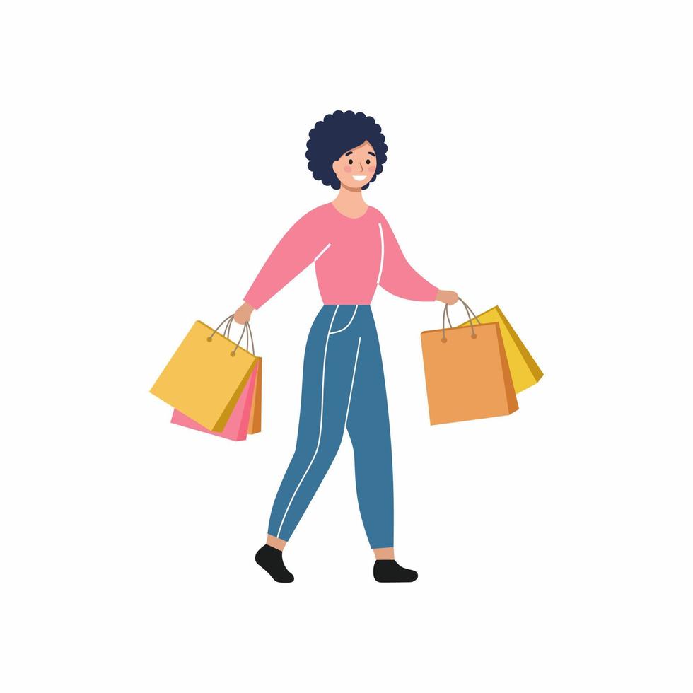 A girl goes shopping from the shopping center. A woman carries shopping bags in her hands. Promotions, discounts and sales. Vector flat female character.