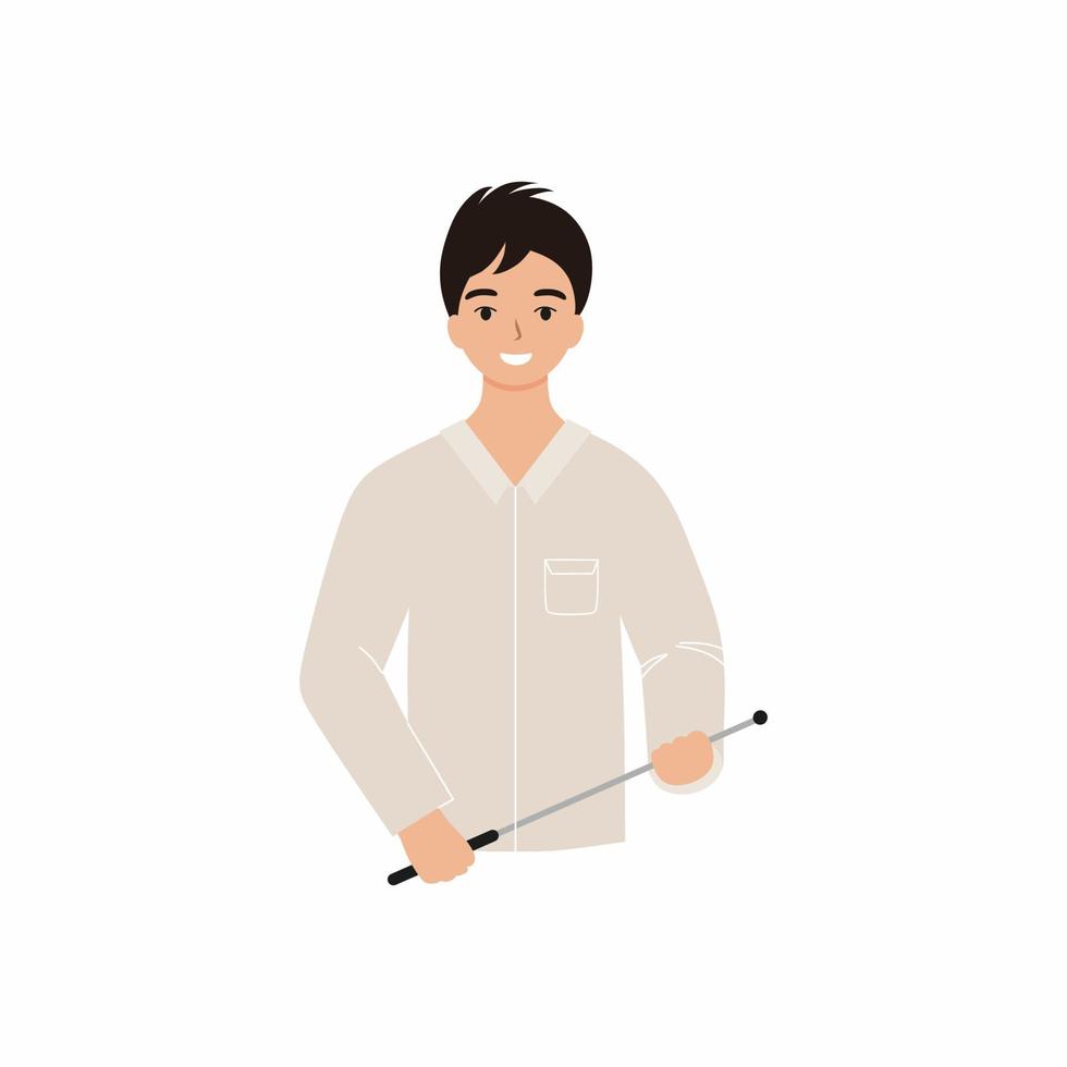 The teacher is a man with a pointer in his hands. Vector flat character. Concept on the theme of school and education.