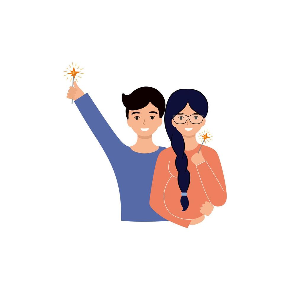 Husband and pregnant wife celebrate New year and Christmas. A married couple holding sparklers. Happy parents celebrate the new year with their family. vector