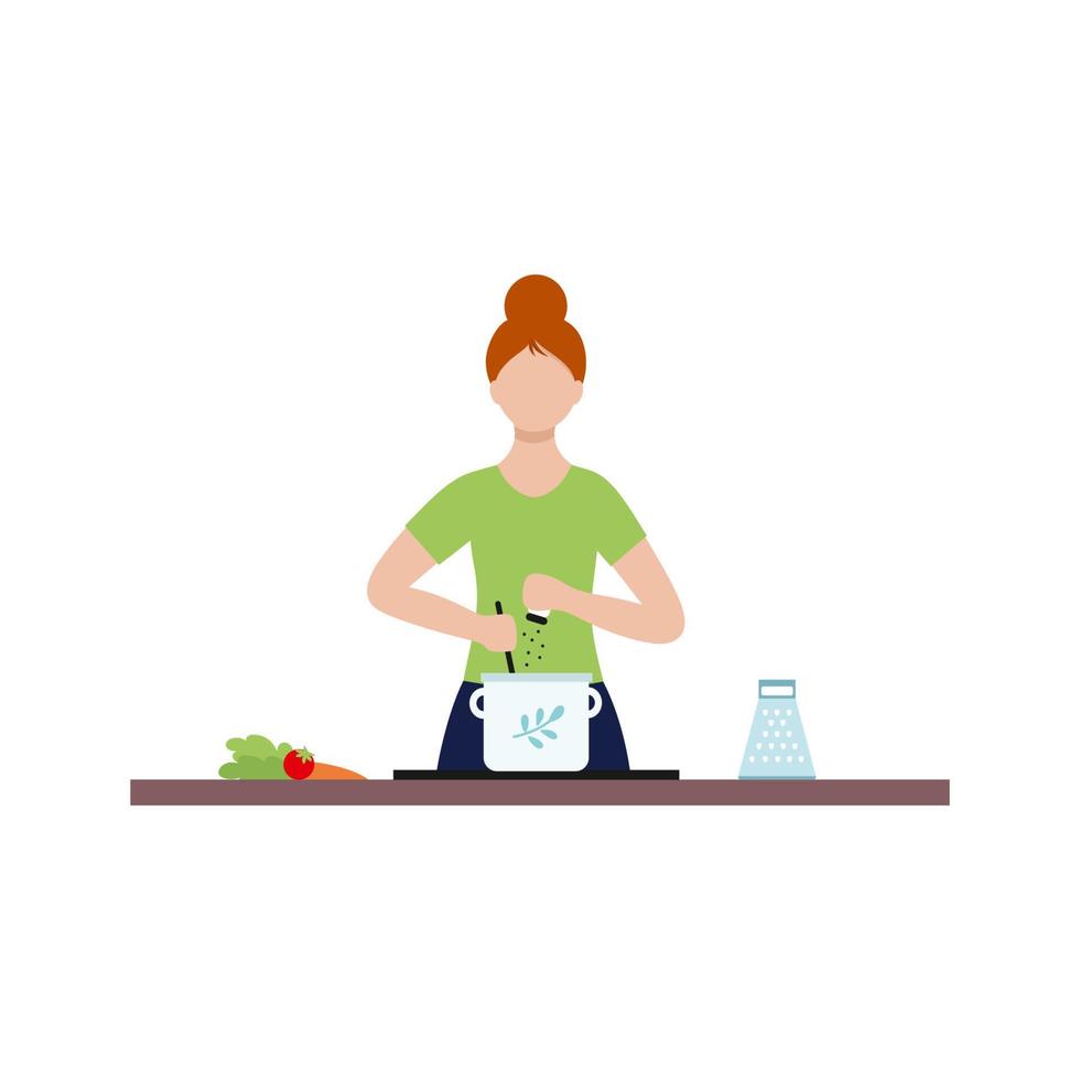 A housewife is preparing soup in the pot. A young woman is engaged in cooking. Vector character in a flat style.