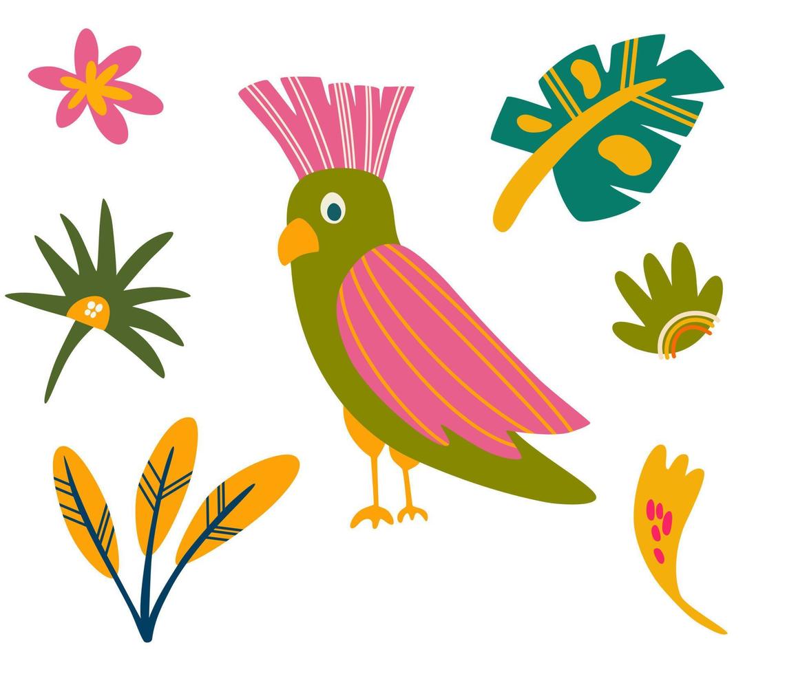 Parrots and tropical leaves. Exotic bird. Funny cartoon animal with leaves and flowers isolated on white background. Childish print design. Hand draw vector illustration.