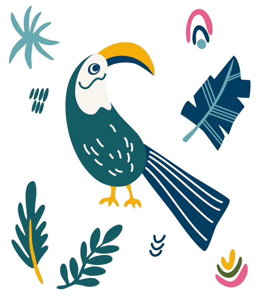 tucán. aves exóticas y hojas tropicales. animal de divertidos dibujos animados aislado sobre fondo blanco. diseño de estampado infantil. Dibujar a mano ilustración vectorial. vector