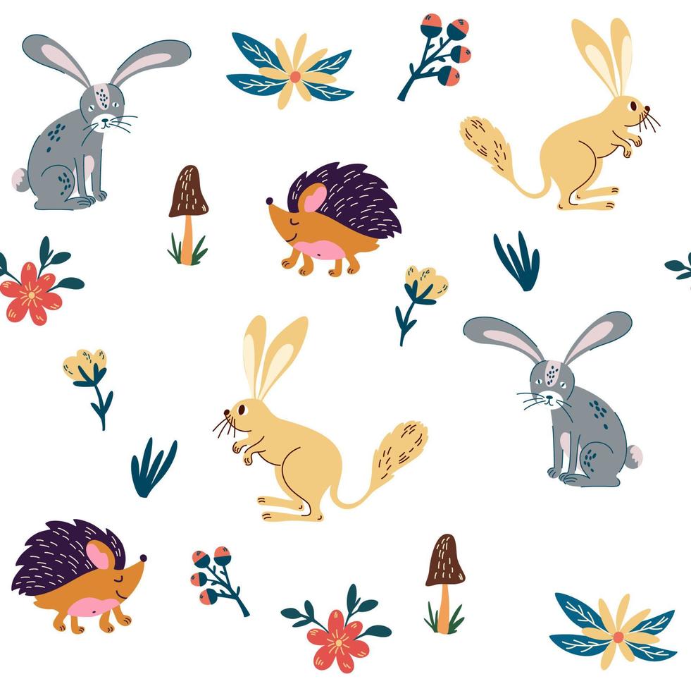 Woodland animals and plants seamless pattern. Hare hedgehog and jerboa. Hand drawn forest mammals. Animals characters. Scandinavian background. Vector cartoon illustration.