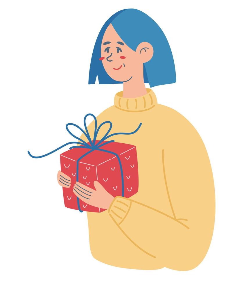 Girl holds a gift box in her hands. Surprise, holiday gift. Birthday congratulations, anniversary or other holiday. For celebration postcard, banner, email. Flat cartoon vector illustration.