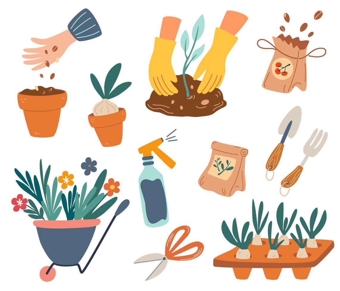 Set of Gardening elements. Cute garden work elements tools, seeds, flower  pot, rake shovel and a cart with flowers. Images for gardener farm.  Agriculture tools. Flat cartoon vector illustration. 4691497 Vector Art
