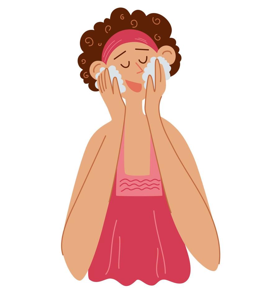 Women washes her face. Young woman cleaning and cares her face, facial, beauty, cosmetic, makeup, health, lifestyle. Protects her face. Skincare daily routine. Vector illustration.